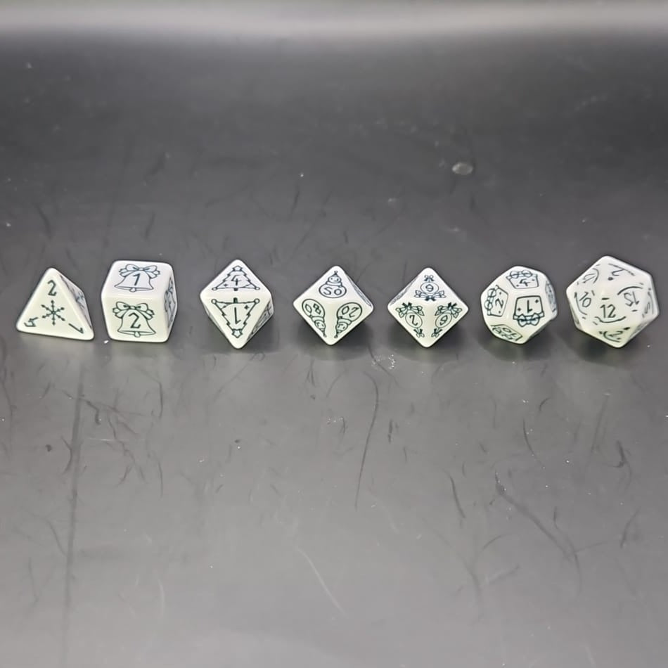 White Christmas Present 7 Piece Boxed Dice Set for Role play Gaming