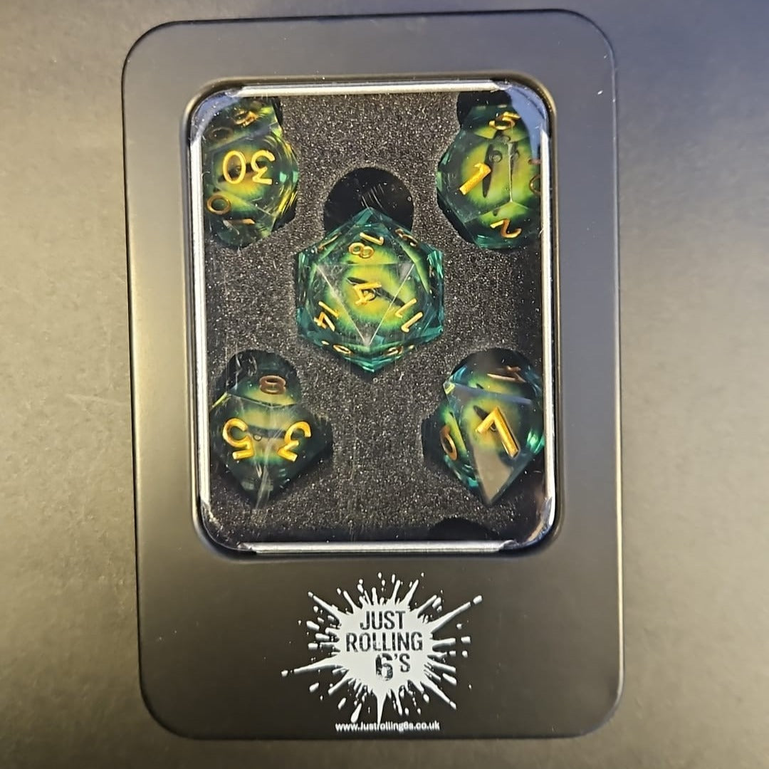 Green Dragon Eye Liquid Core Dice Set With Gold Numbering in Metal Box