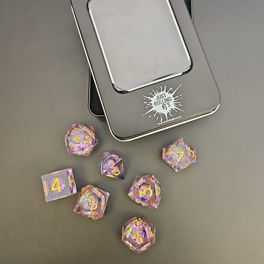 Pink Glitter 7 Piece Liquid Core Dice Set with Gold Numbering, in Metal Box