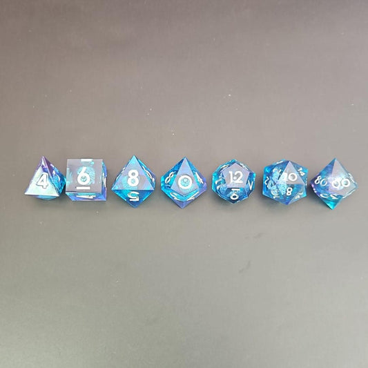 Light and Dark Blue Liquid Core Dice Set with Silver Numbering in Metal Box