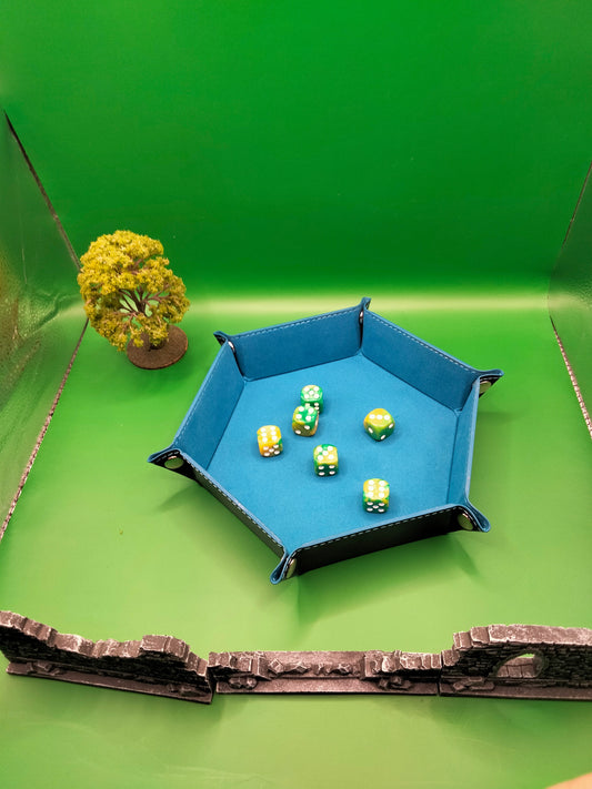 Blue Hexagonal Folding Dice Tray with Black PU Leather backing