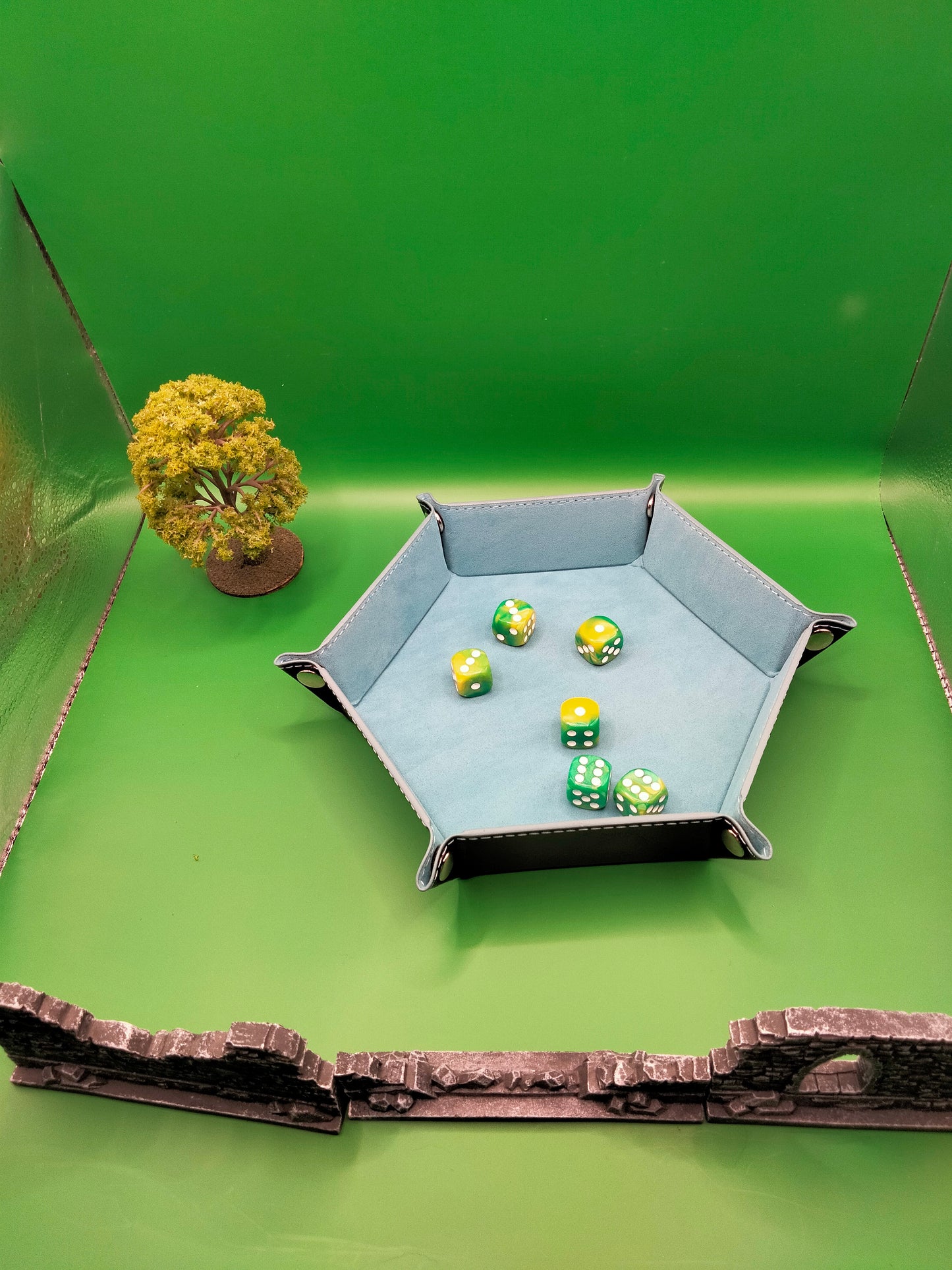 Teal Dice Hexagonal Folding Tray with Black PU Leather backing