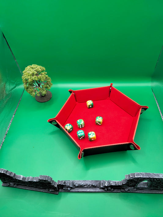 Red Hexagonal Folding Dice Tray with Black PU Leather backing