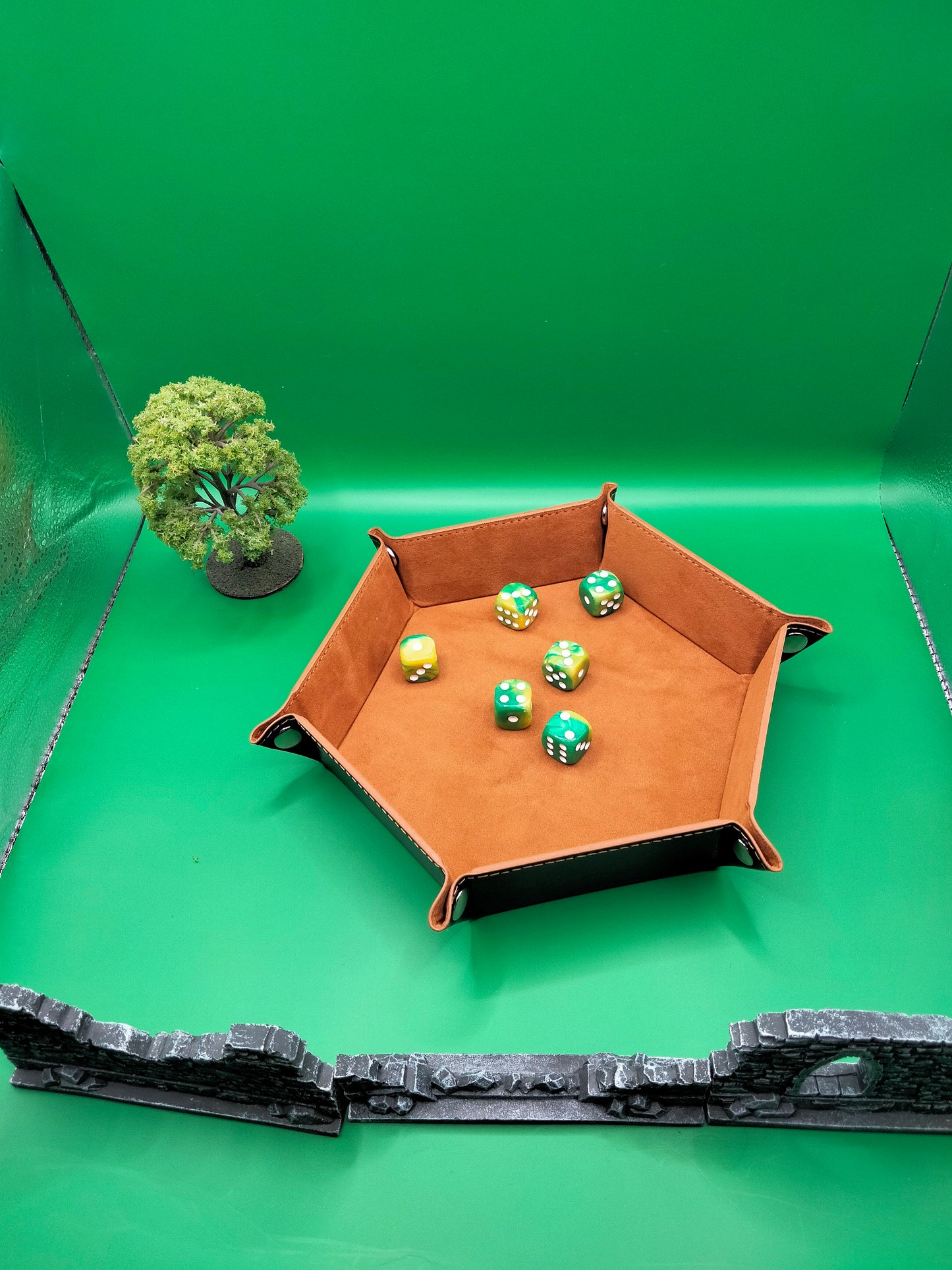 Tan Hexagonal Folding Dice Tray with Black PU Leather backing