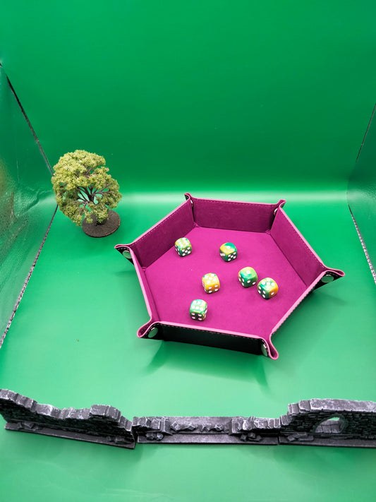 Purple Hexagonal Folding Dice Tray with Black PU Leather backing