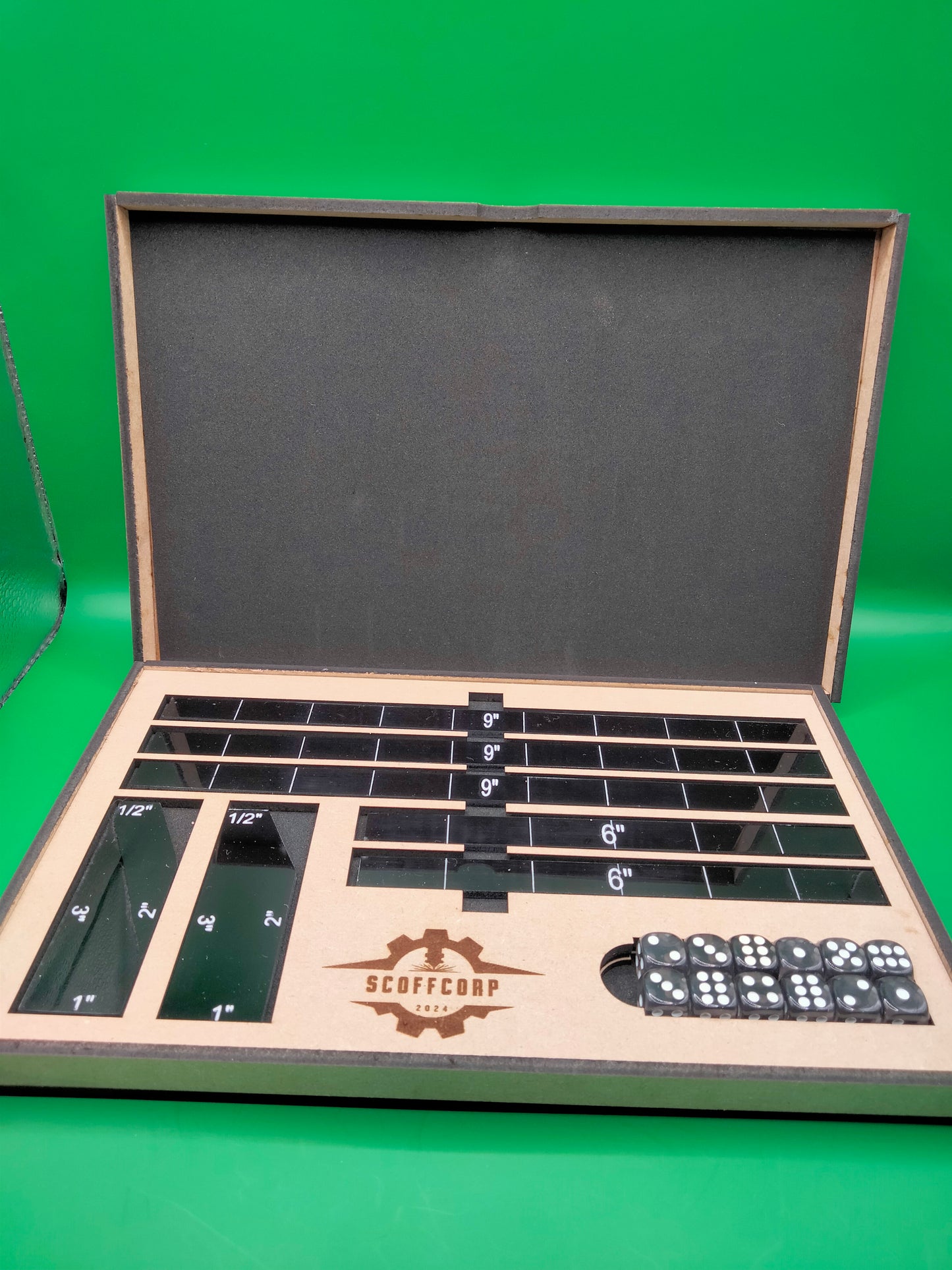 Black Scoffcorp Dice Tray and Gauges (Measuring Stick) set