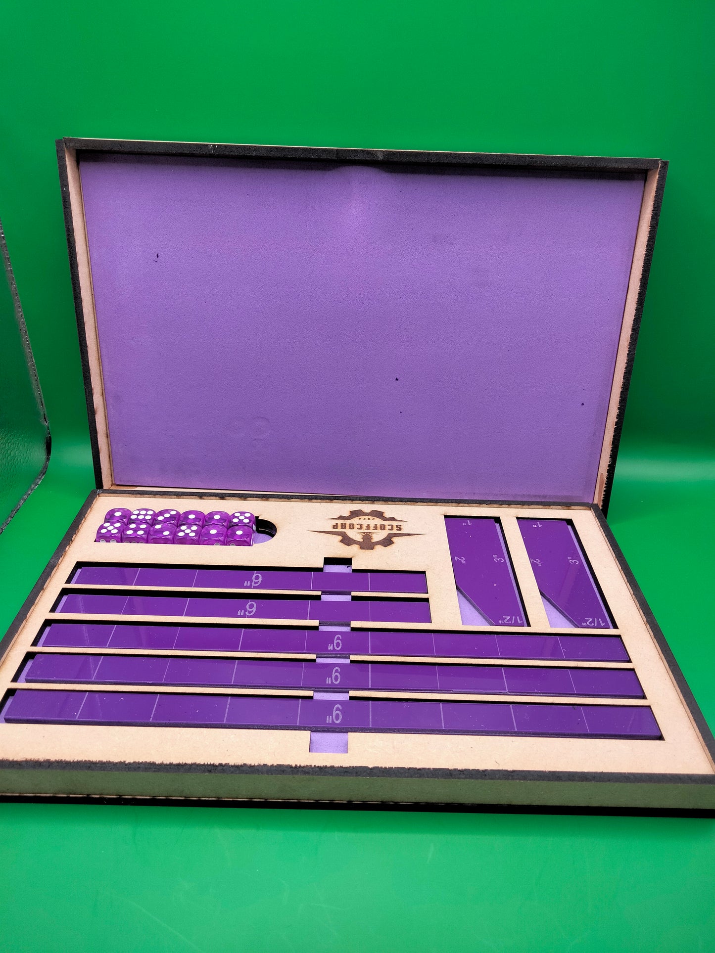 Purple Scoffcorp Dice Tray and Gauges (Measuring Stick) set