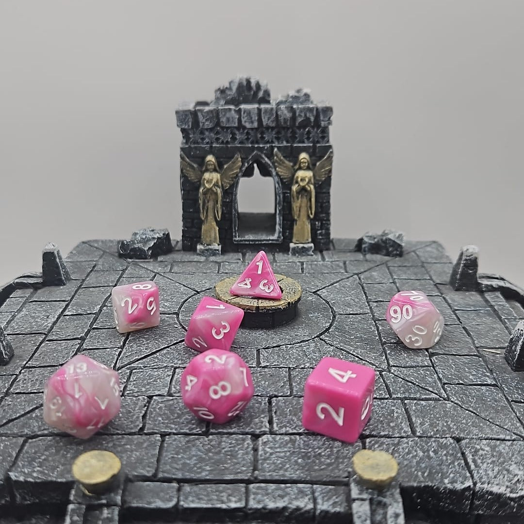 Pink and White 7 Piece Boxed Dice Set for Role play Gaming