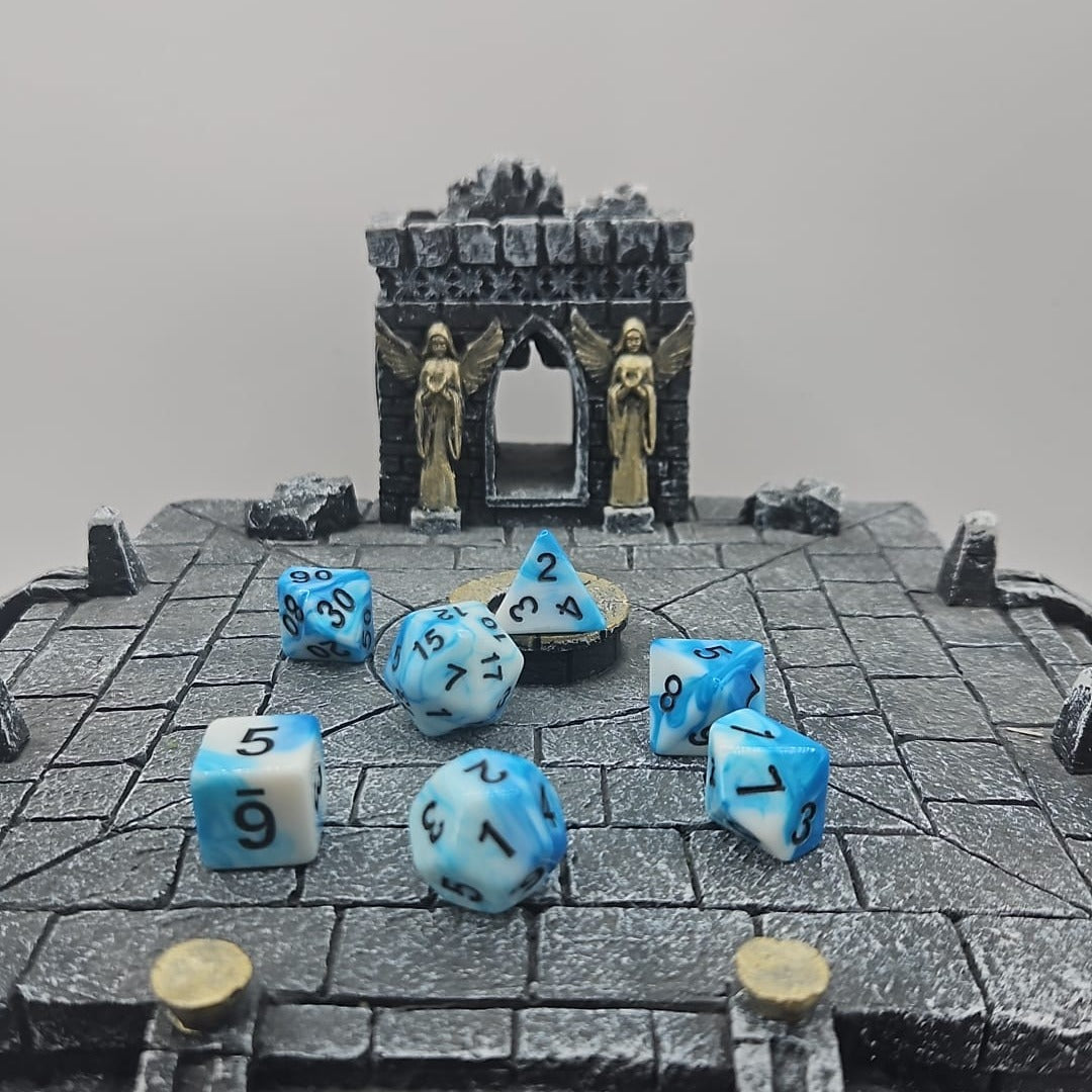 Blue and White 7 Piece Boxed Dice Set for Role play Gaming