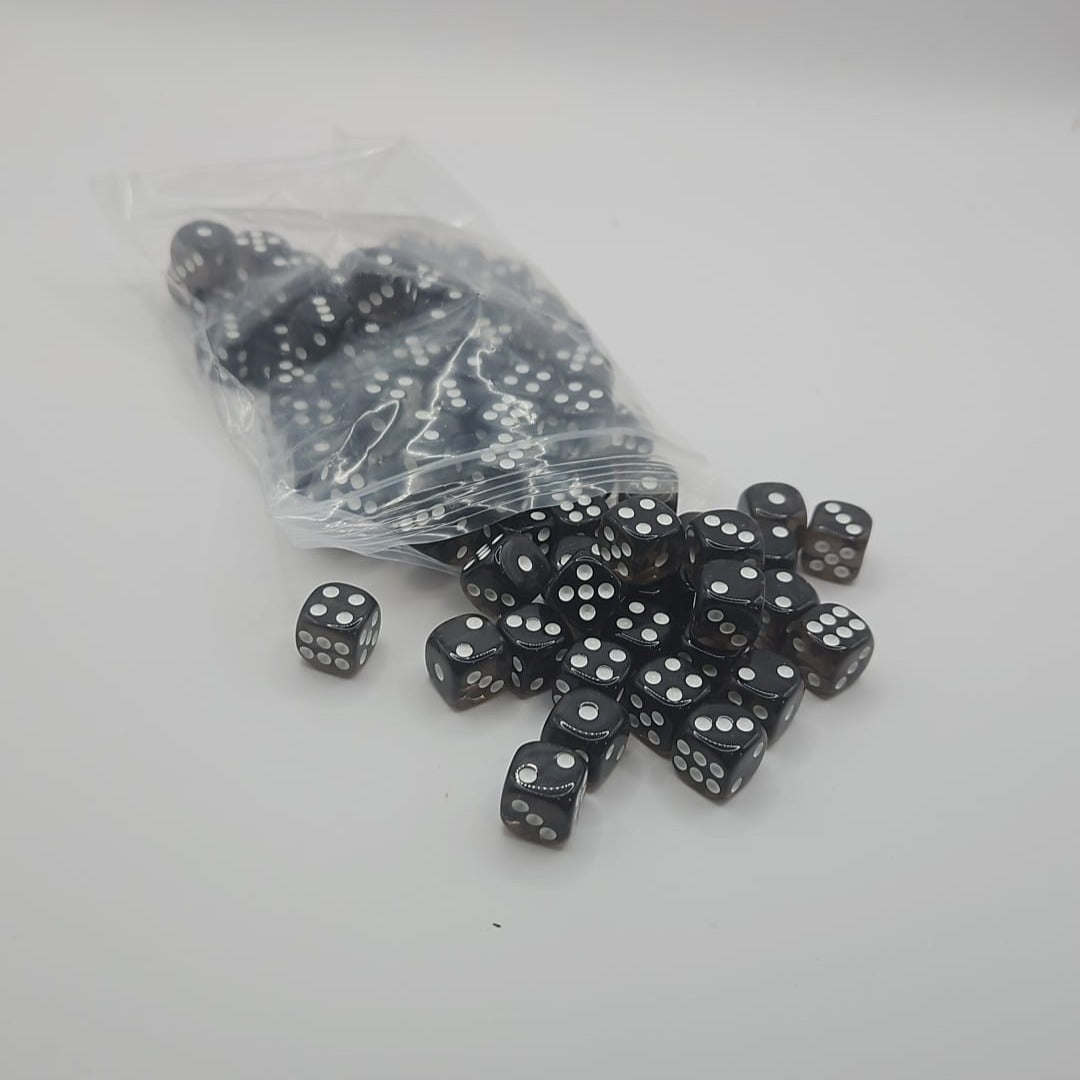 Pack of 100 Transparent Six sided Dice (D6) - Black