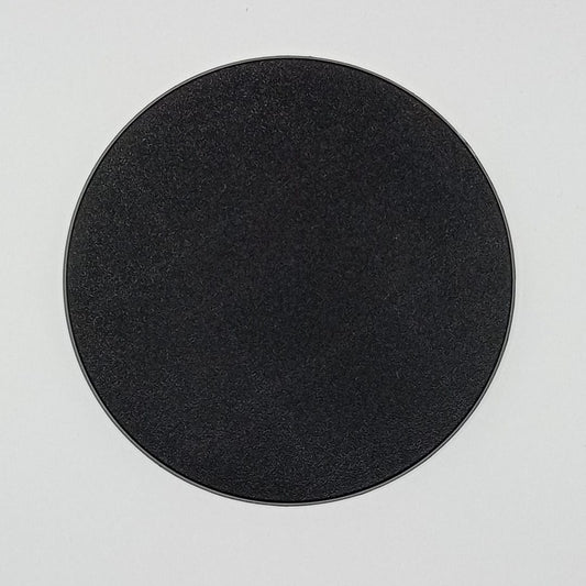 A single, solid black 130mm round miniature base suitable for wargaming.