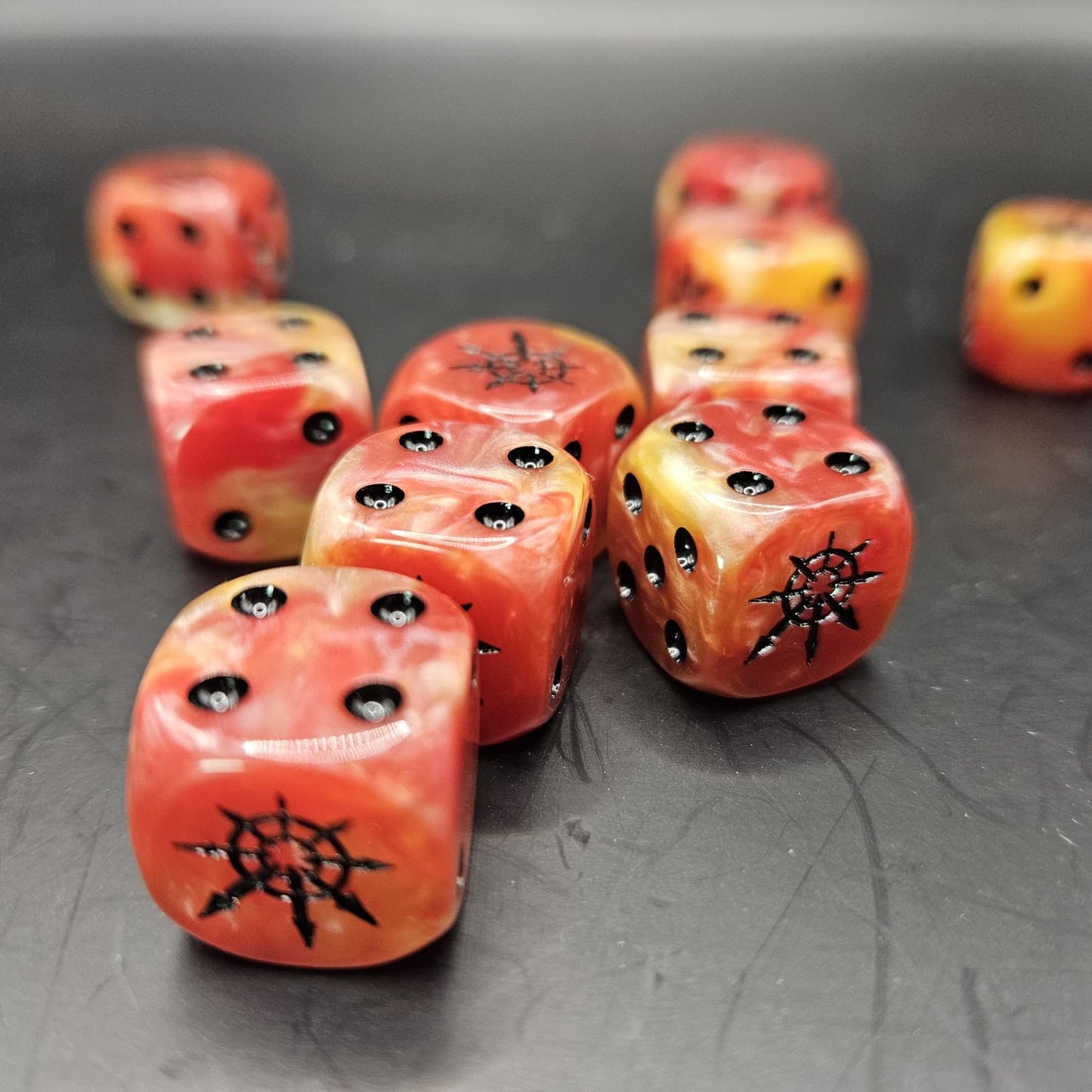 10 Pack of 16mm Chaos Molten Red Rounded Edge Dice