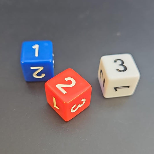 3 Pack of 16mm Straight Edge D3 Dice 1 Red, 1 Blue and 1 White