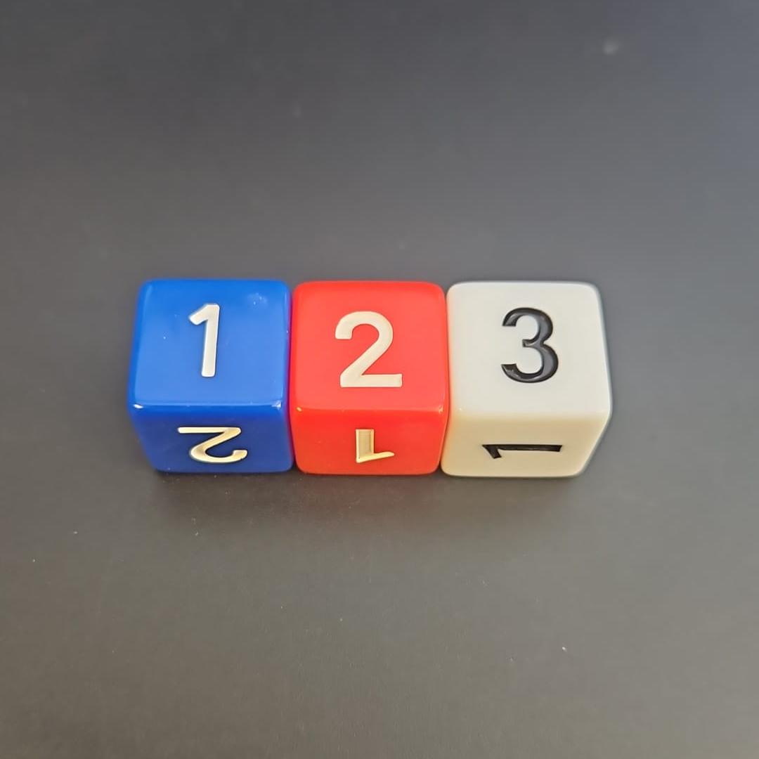 3 Pack of 16mm Straight Edge D3 Dice 1 Red, 1 Blue and 1 White