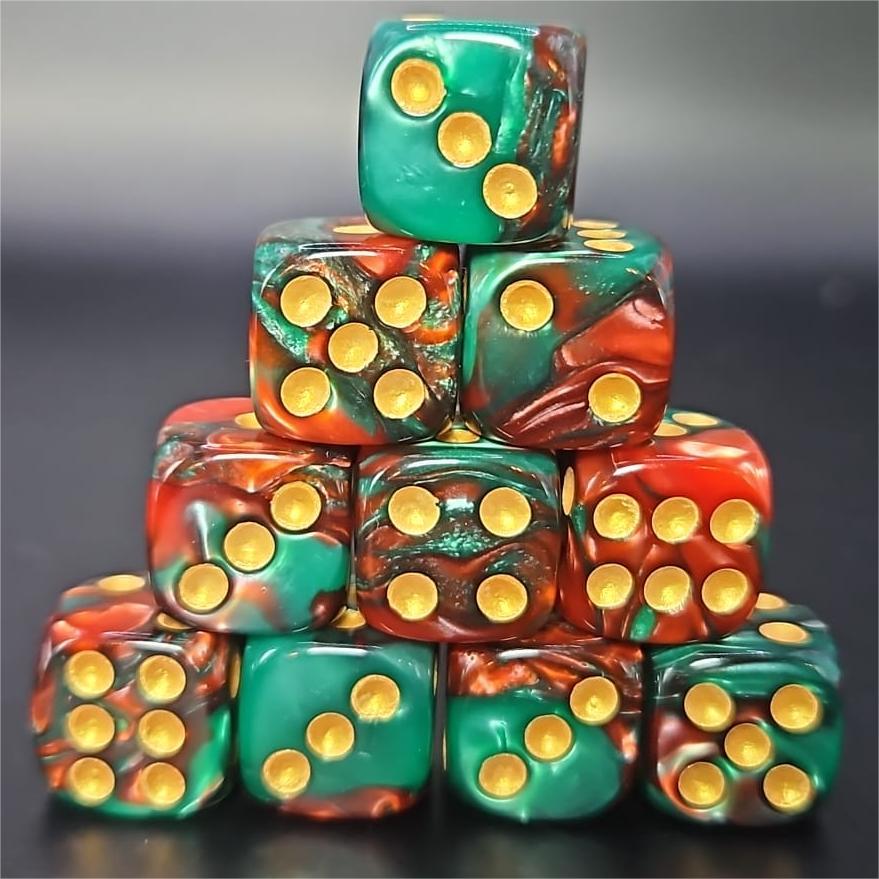 10 Pack of 16mm Two Colour Acrylic D6 Green & Red