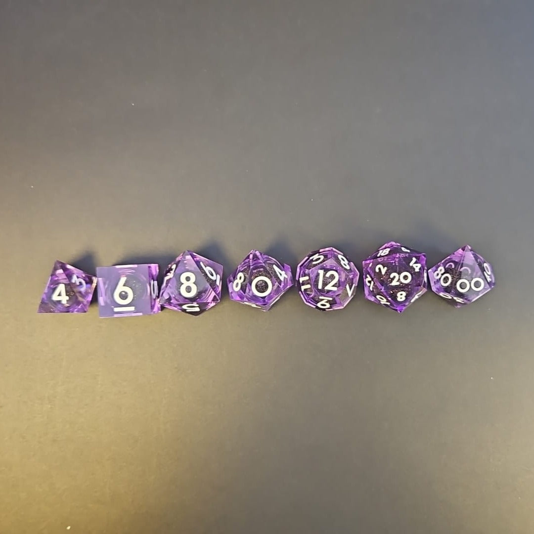 Purple Black and Gold Glitter 7 Piece Liquid Core Dice Set with white Numbering, in Metal Box