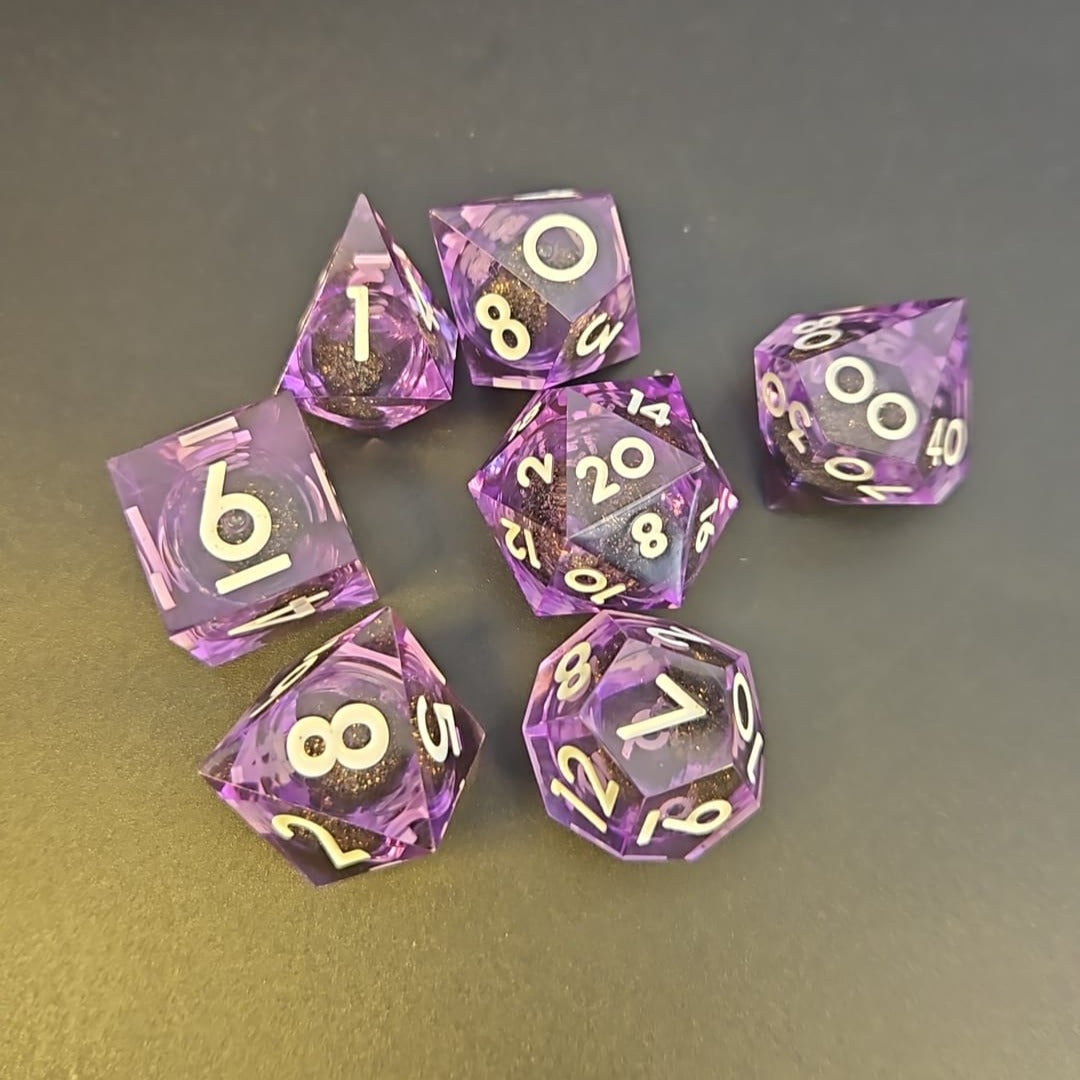 Purple Black and Gold Glitter 7 Piece Liquid Core Dice Set with white Numbering, in Metal Box