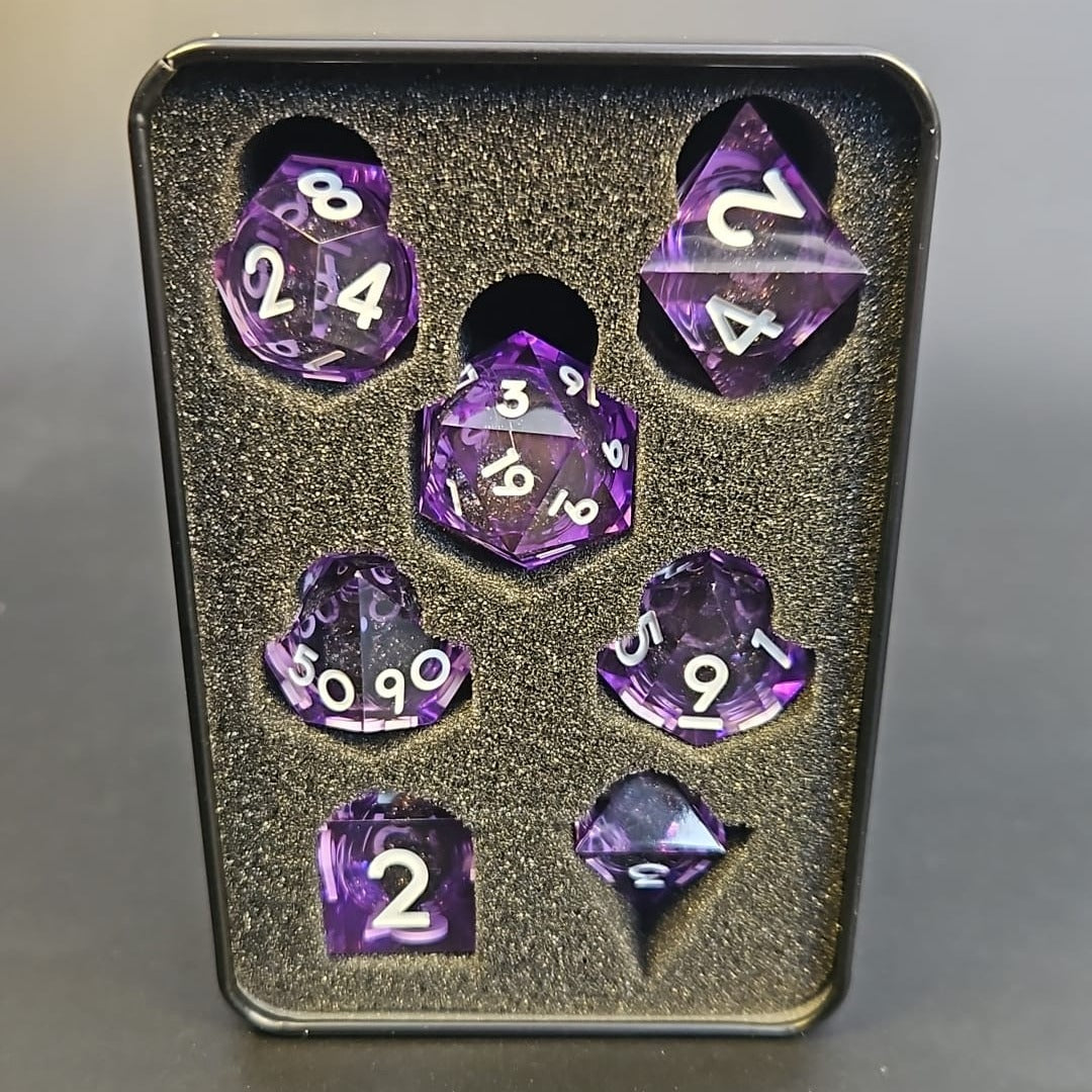 Purple Black and Gold Glitter 7 Piece Liquid Core Dice Set with white Numbering, in Metal Box