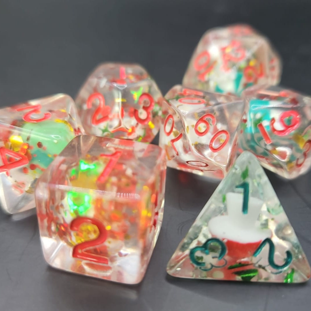 Clear Christmas Present 7 Piece Boxed Dice Set for Role play Gaming