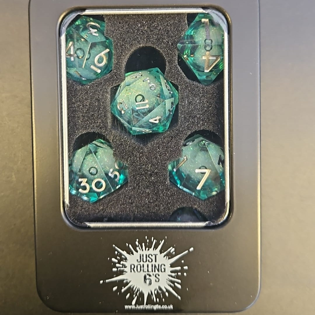 Light Blue Liquid Core Dice Set with White Numbering in Metal Box