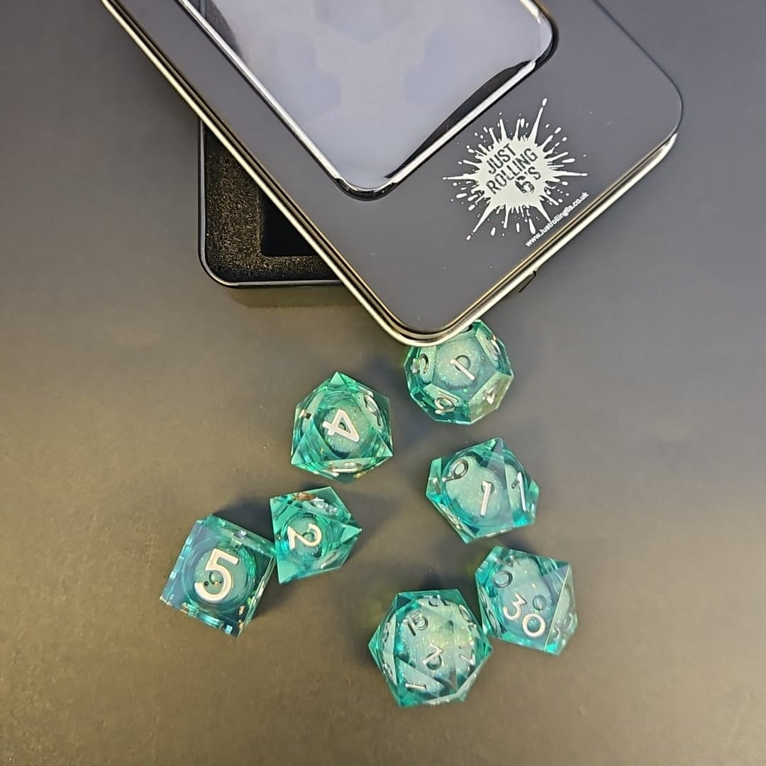Light Blue Liquid Core Dice Set with White Numbering in Metal Box