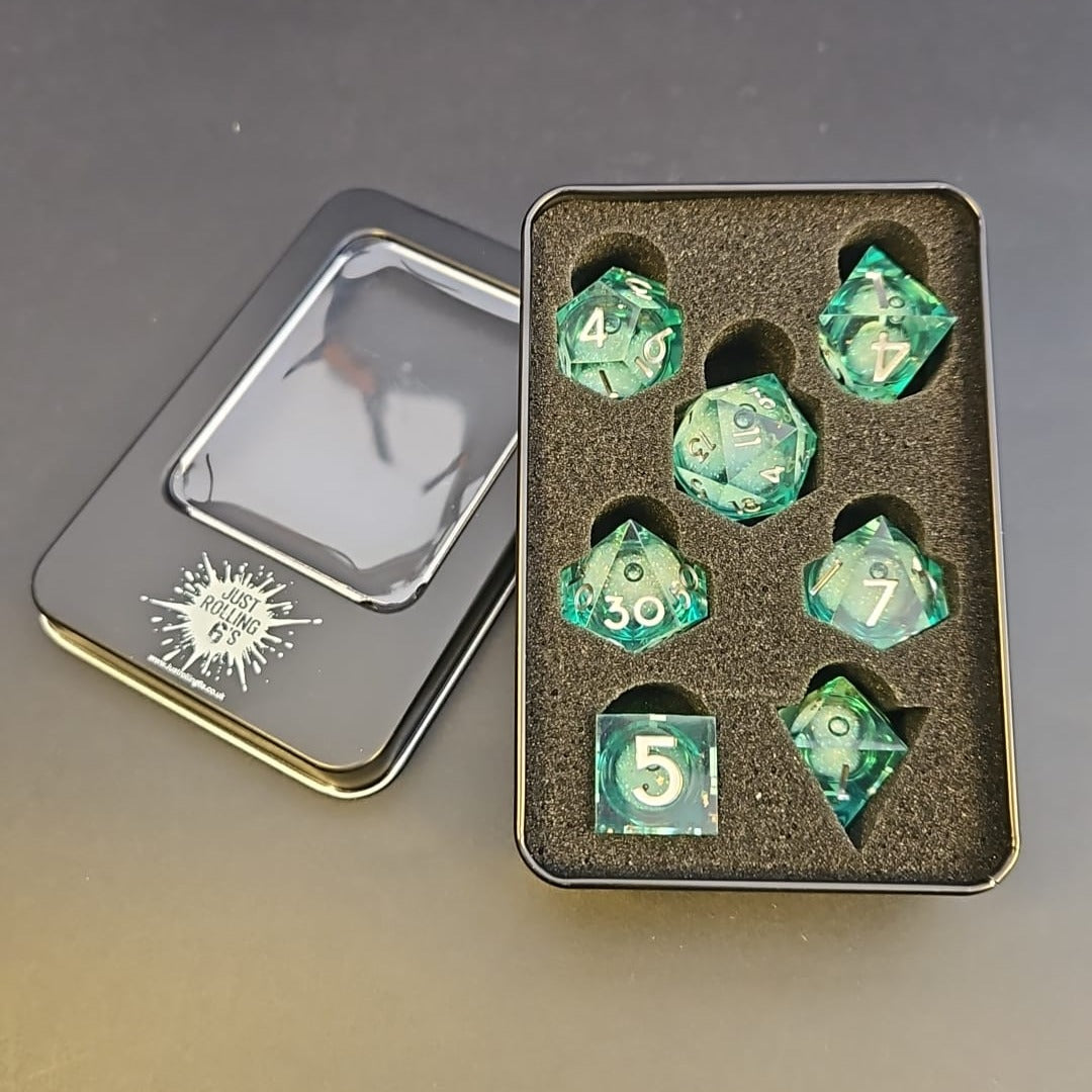 Light Blue Liquid Core Dice Set with White Numbering in Metal Box