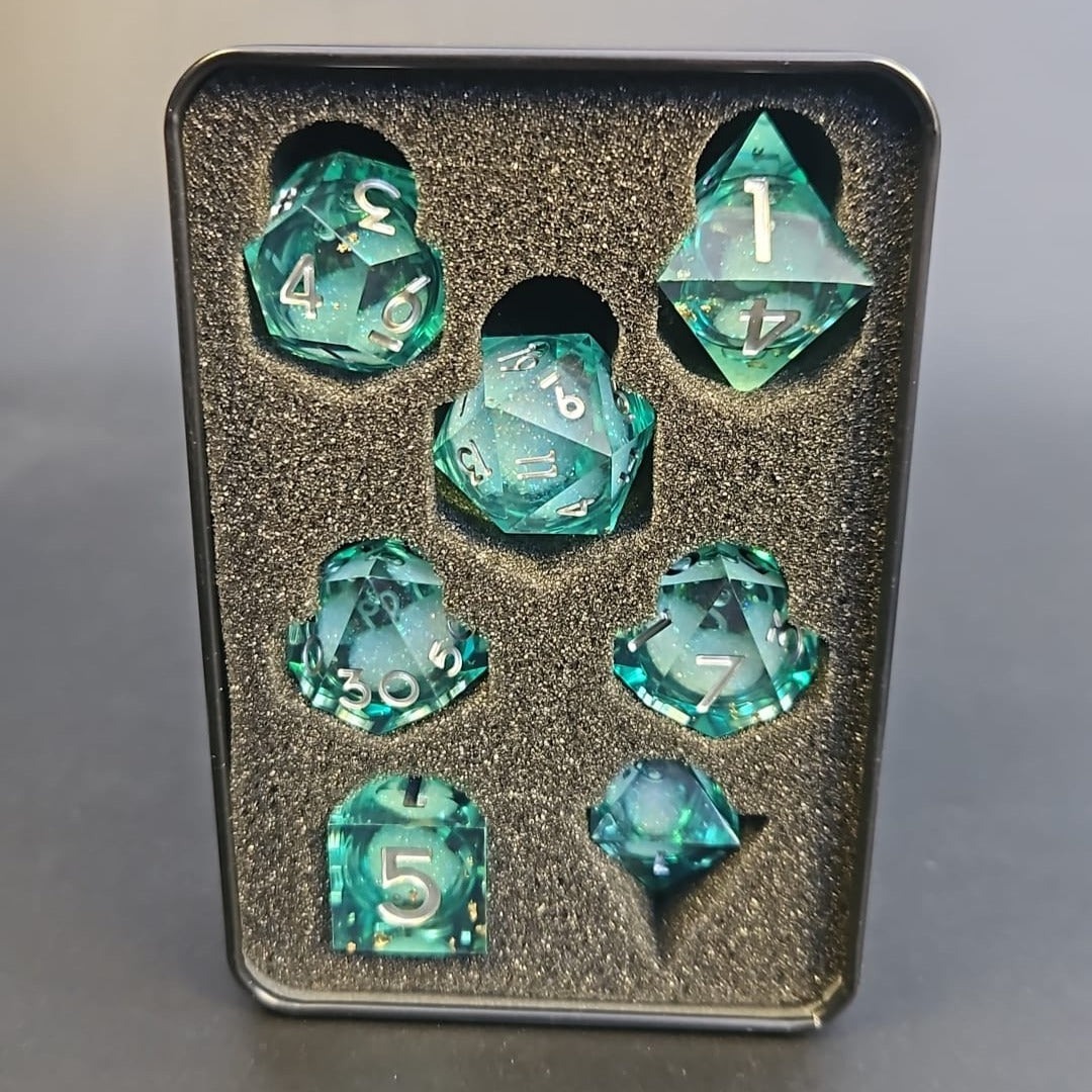 Light Blue Liquid Core Dice Set with White Numbering in Metal Box