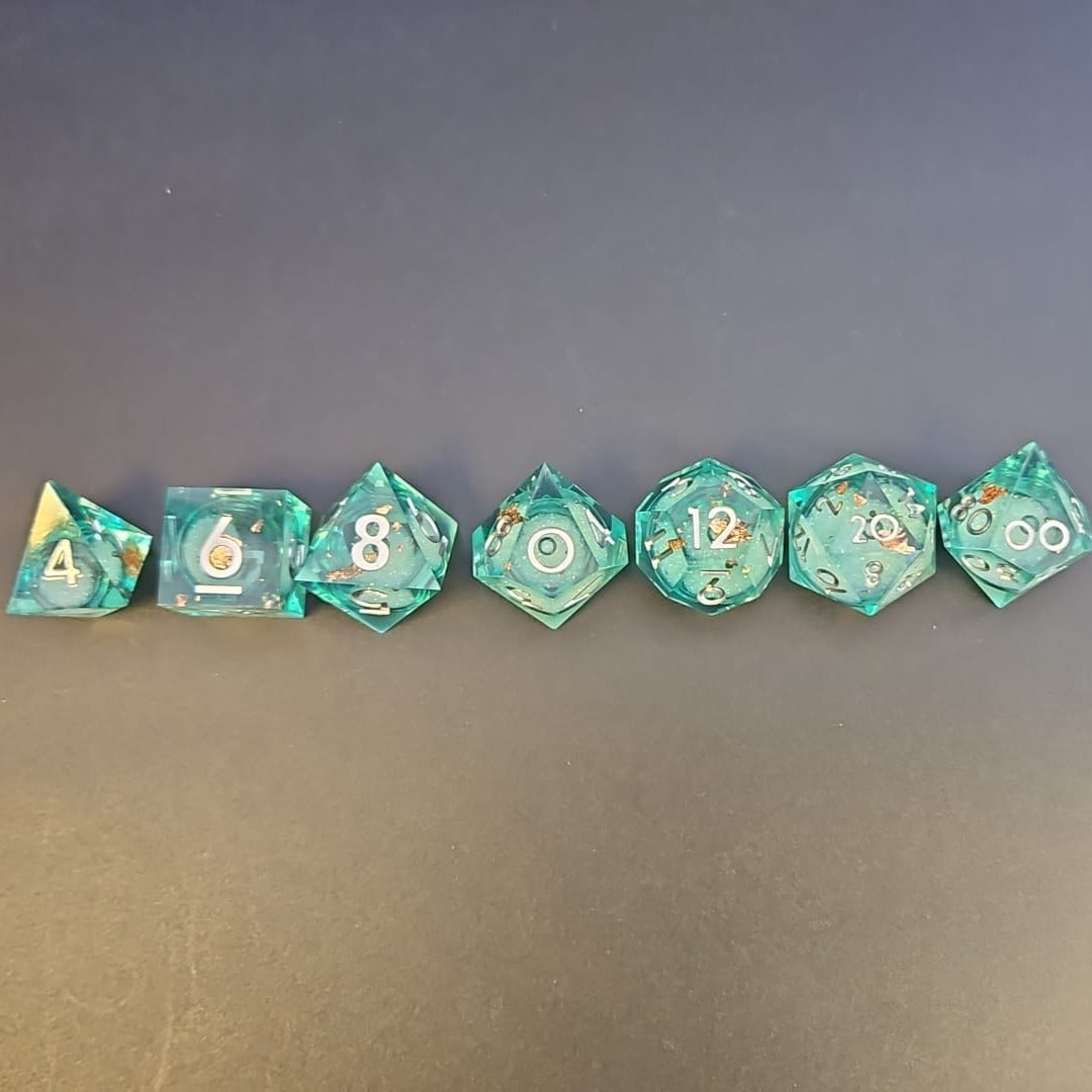 Light Blue Liquid Core Dice Set with White Numbering in Metal Box