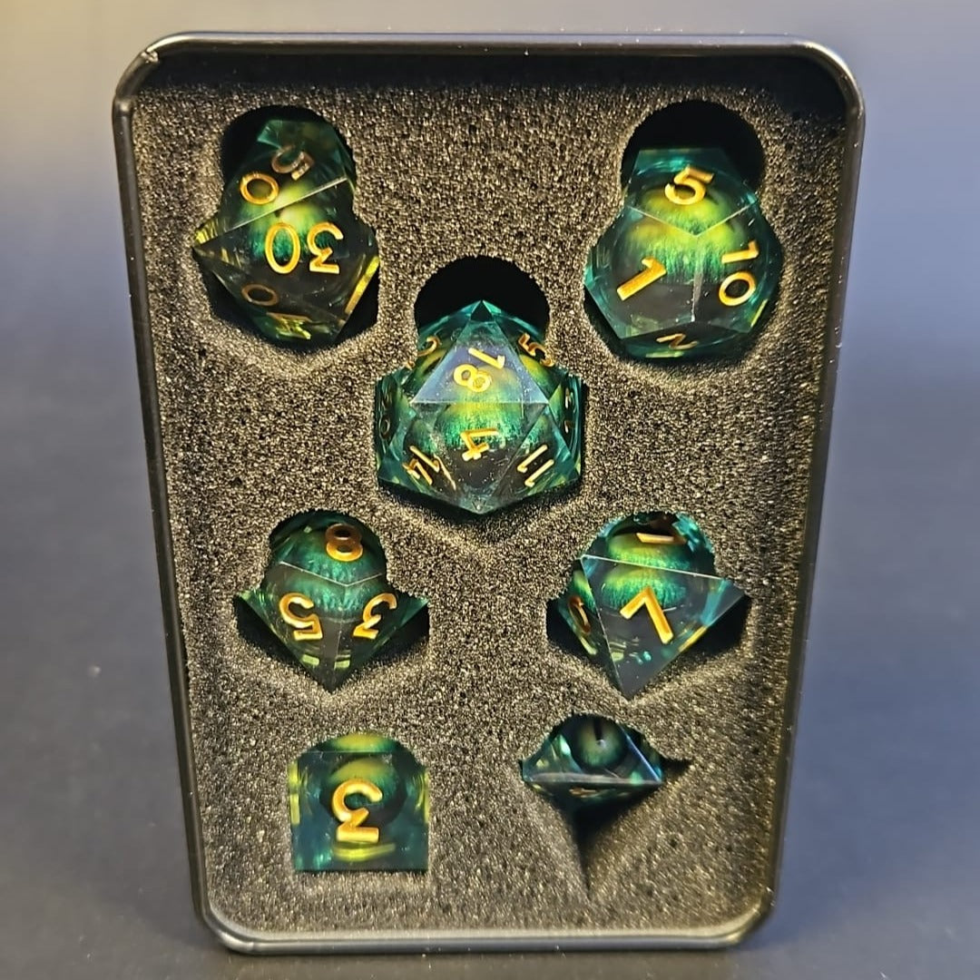 Green Dragon Eye Liquid Core Dice Set With Gold Numbering in Metal Box