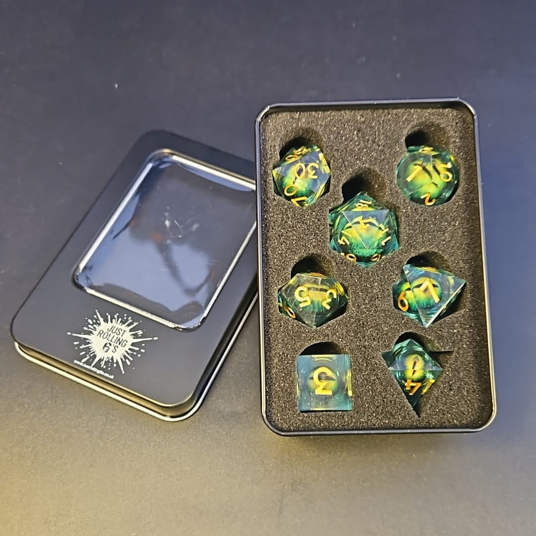 Green Dragon Eye Liquid Core Dice Set With Gold Numbering in Metal Box