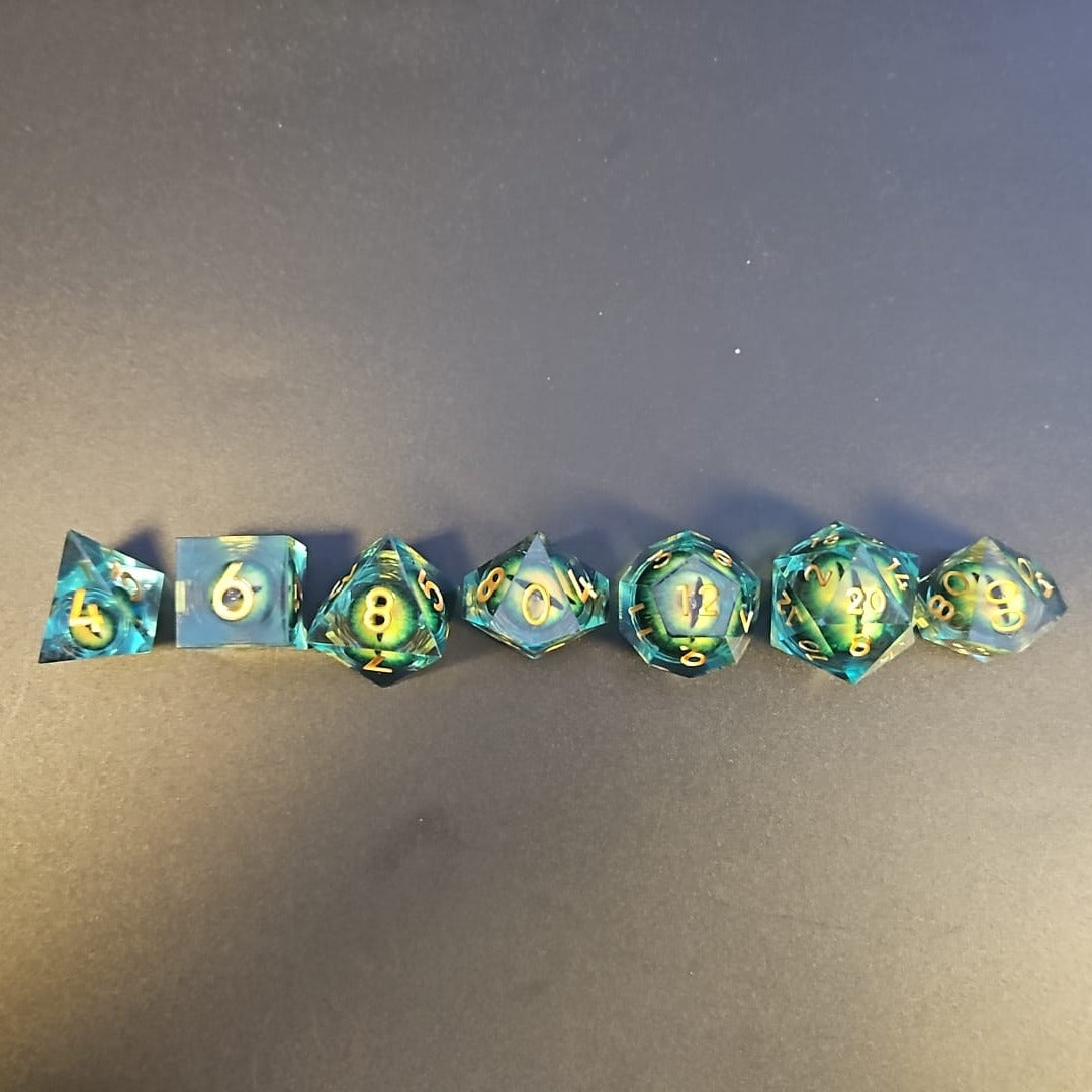 Green Dragon Eye Liquid Core Dice Set With Gold Numbering in Metal Box
