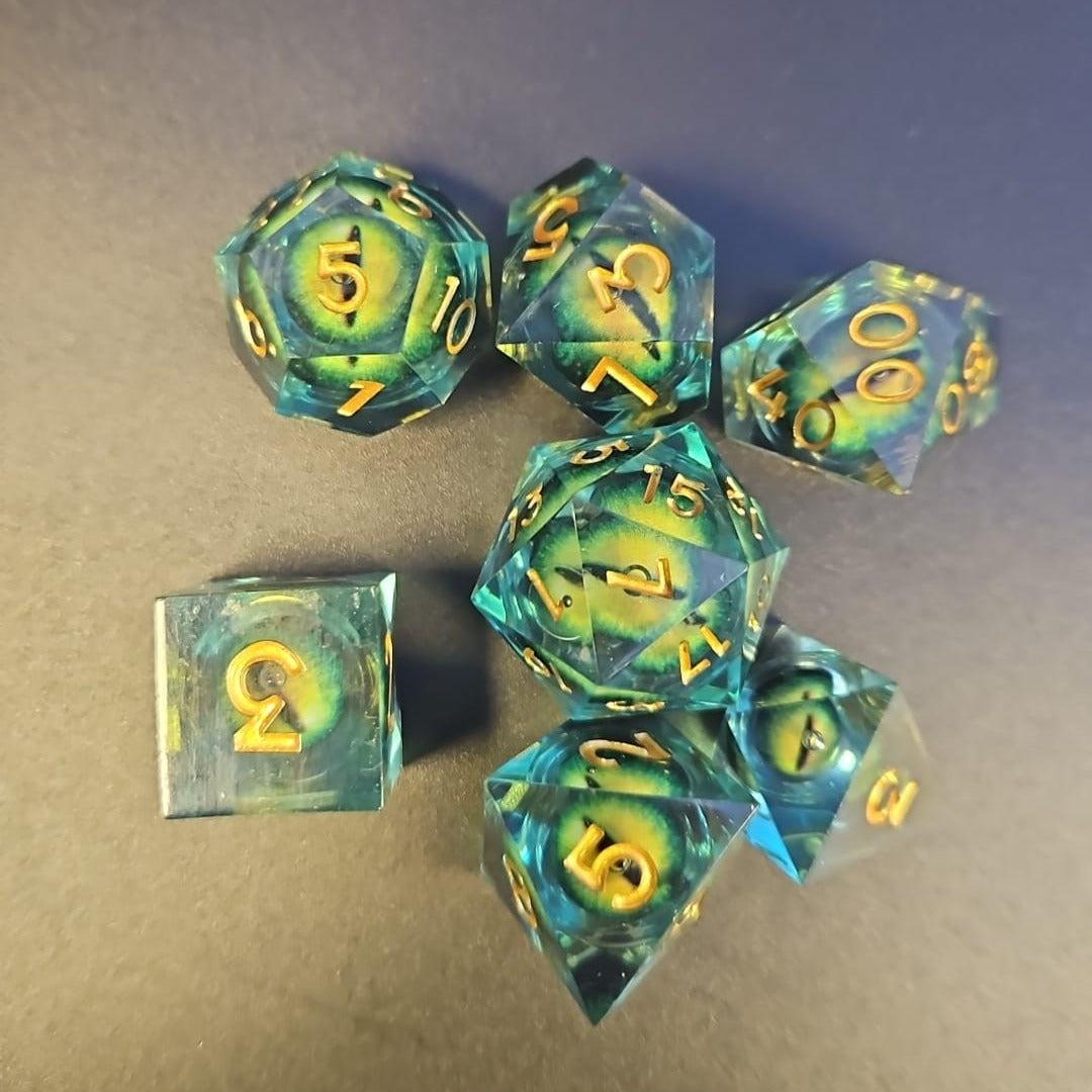 Green Dragon Eye Liquid Core Dice Set With Gold Numbering in Metal Box