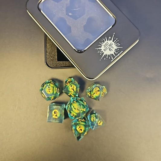 Green Dragon Eye Liquid Core Dice Set With Gold Numbering in Metal Box