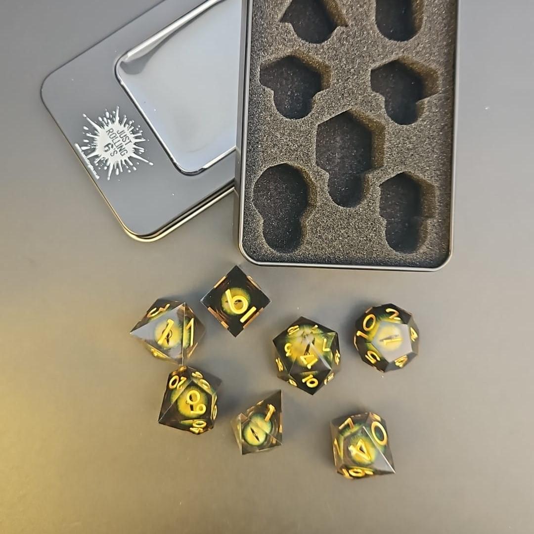 Yellow Dragon Eye Liquid Core Dice Set With Gold Numbering in Tin