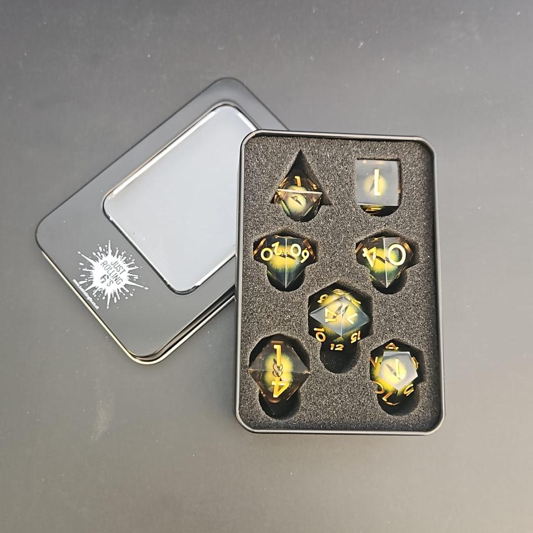 Yellow Dragon Eye Liquid Core Dice Set With Gold Numbering in Tin