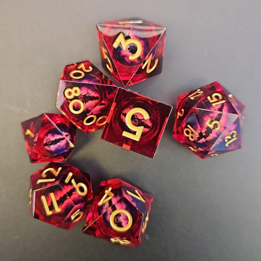 Red Dragon Eye Liquid Core Dice Set in Metal Box.