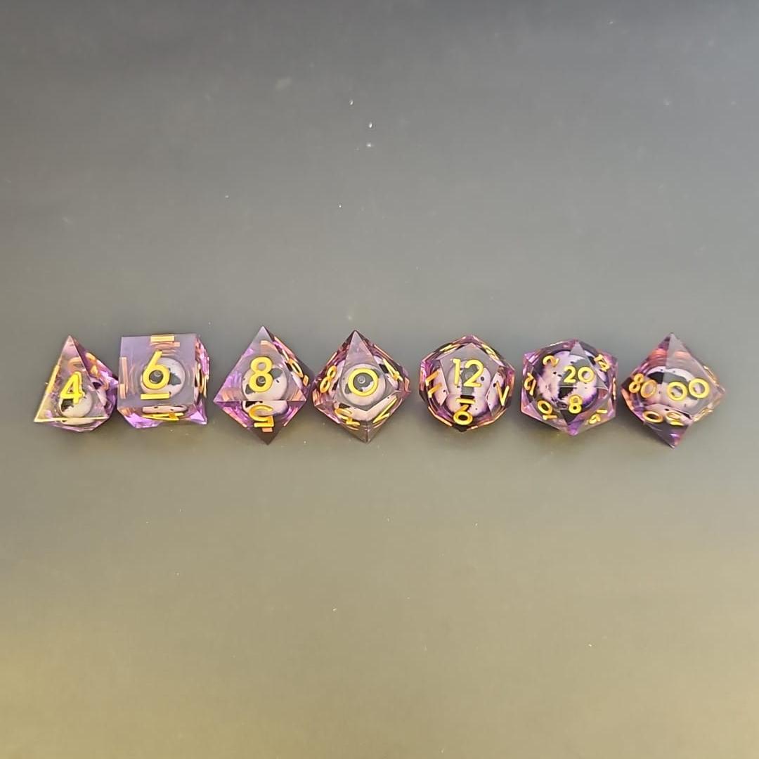 Purple Dragon Eye Liquid Core 7 Piece Dice Set with Gold Numbering in tin