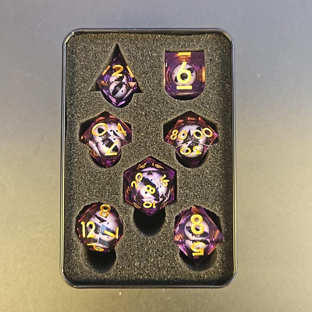 Purple Dragon Eye Liquid Core 7 Piece Dice Set with Gold Numbering in tin