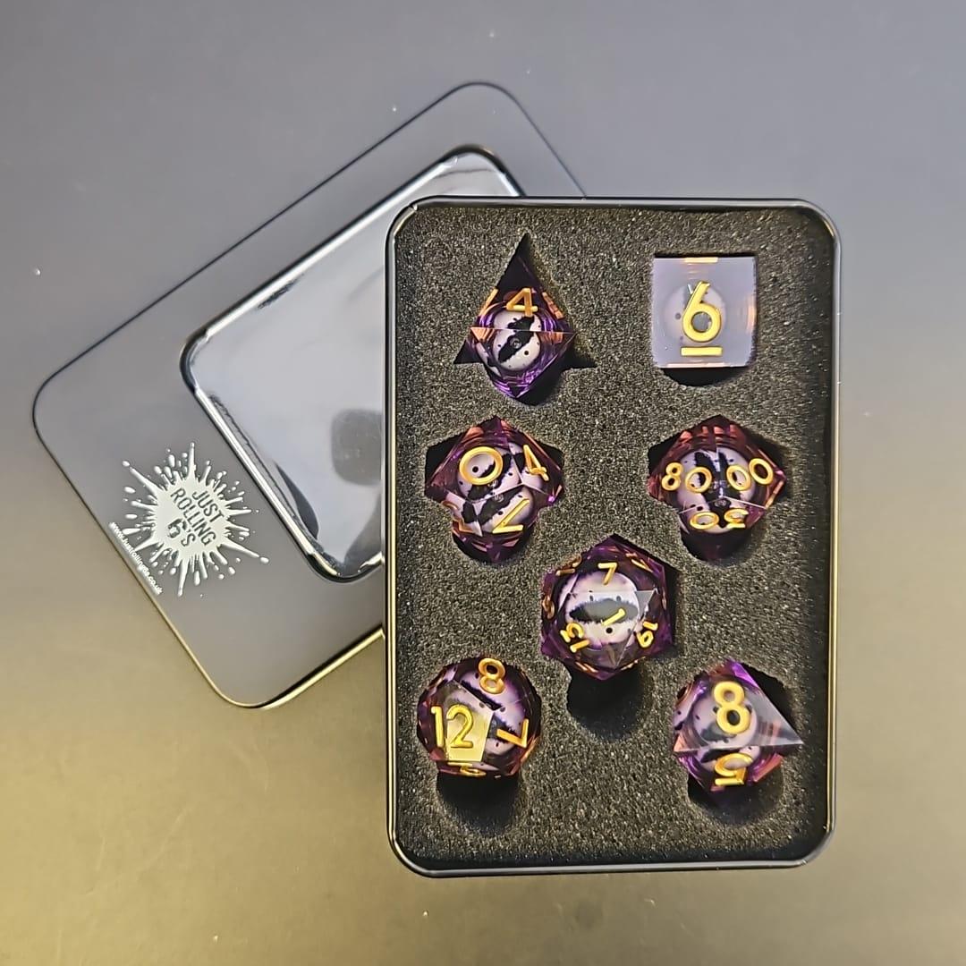 Purple Dragon Eye Liquid Core 7 Piece Dice Set with Gold Numbering in tin