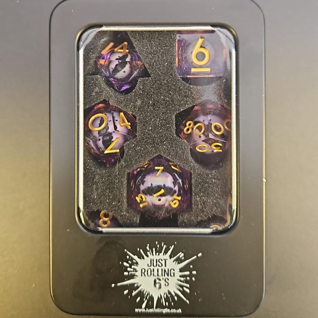 Purple Dragon Eye Liquid Core 7 Piece Dice Set with Gold Numbering in tin
