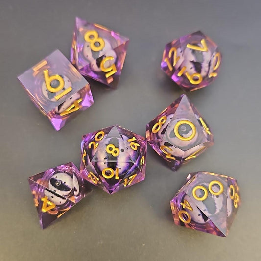Purple Dragon Eye Liquid Core 7 Piece Dice Set with Gold Numbering in tin