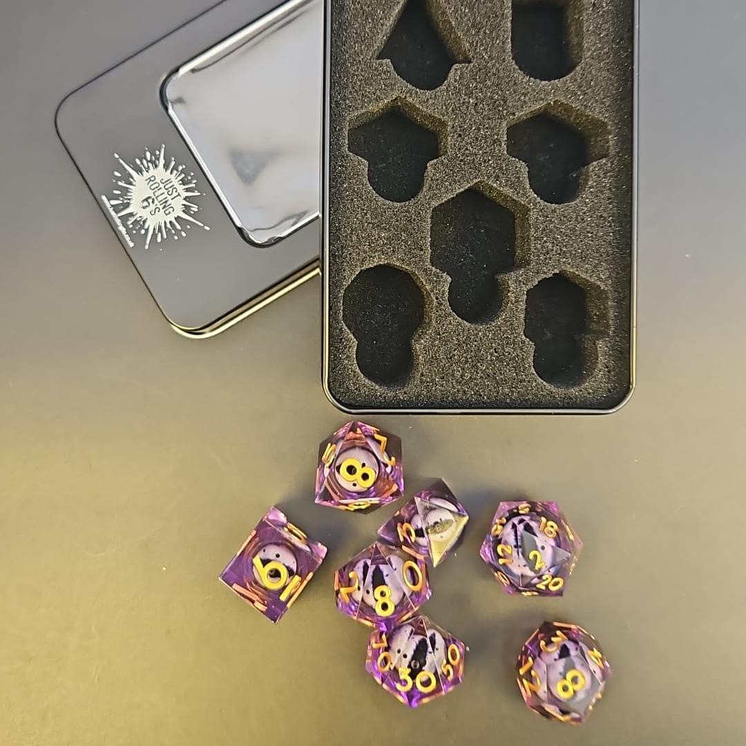 Purple Dragon Eye Liquid Core 7 Piece Dice Set with Gold Numbering in tin