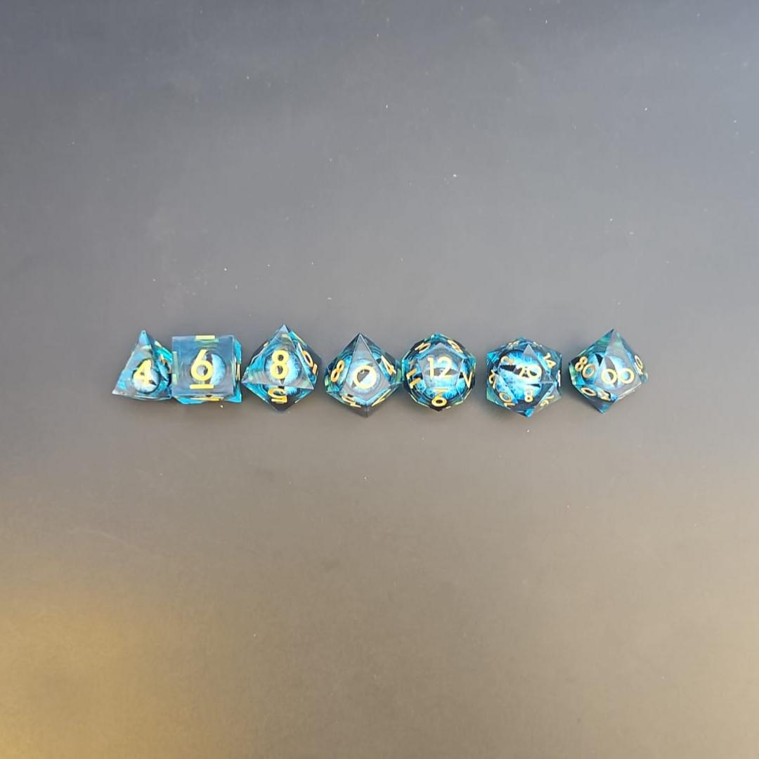Blue Dragon Eye Liquid Core 7 Piece Dice Set with Gold Numbering in Tin