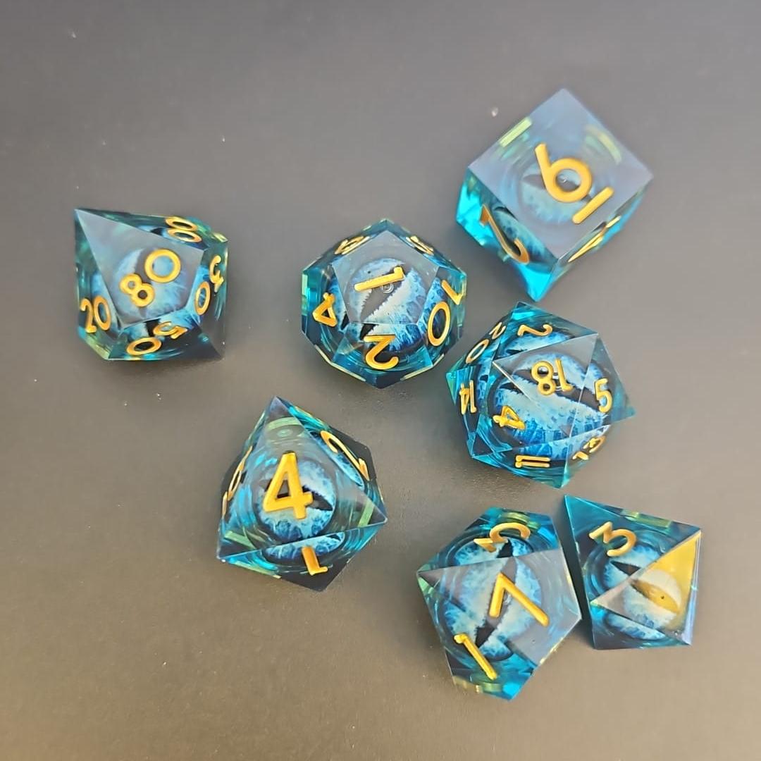Blue Dragon Eye Liquid Core 7 Piece Dice Set with Gold Numbering in Tin