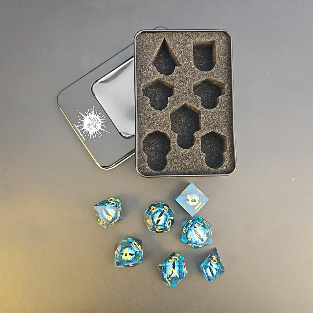 Blue Dragon Eye Liquid Core 7 Piece Dice Set with Gold Numbering in Tin