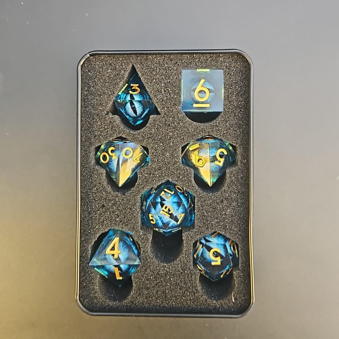 Blue Dragon Eye Liquid Core 7 Piece Dice Set with Gold Numbering in Tin