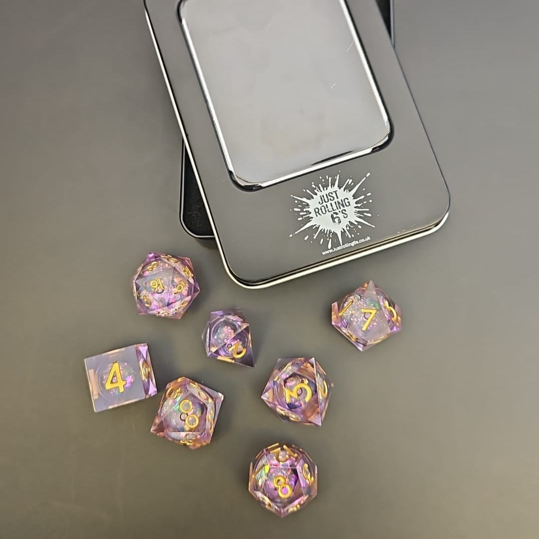 Pink Glitter 7 Piece Liquid Core Dice Set with Gold Numbering, in Metal Box