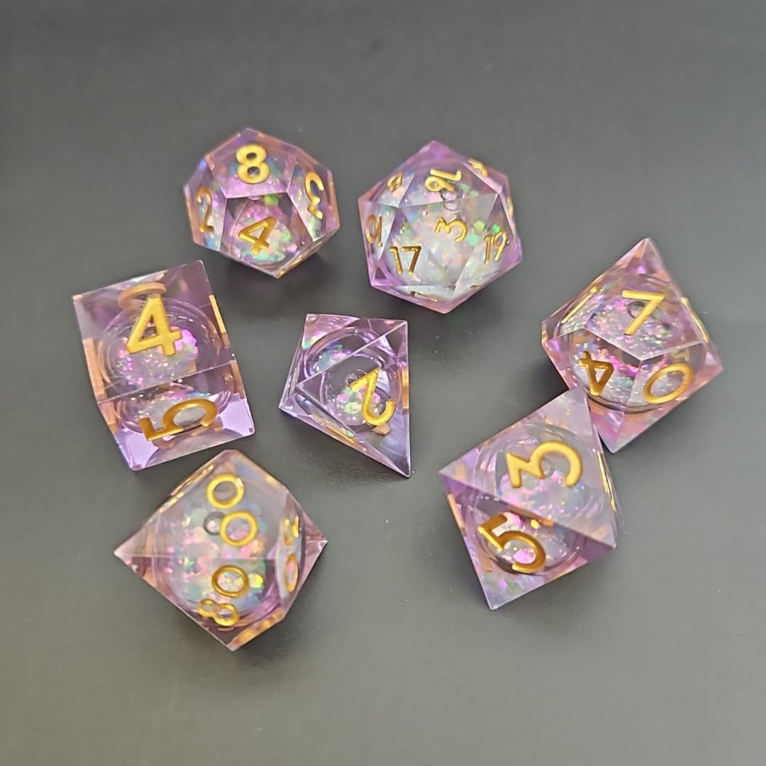 Pink Glitter 7 Piece Liquid Core Dice Set with Gold Numbering, in Metal Box