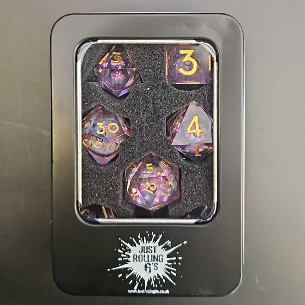 Pink Glitter 7 Piece Liquid Core Dice Set with Gold Numbering, in Metal Box