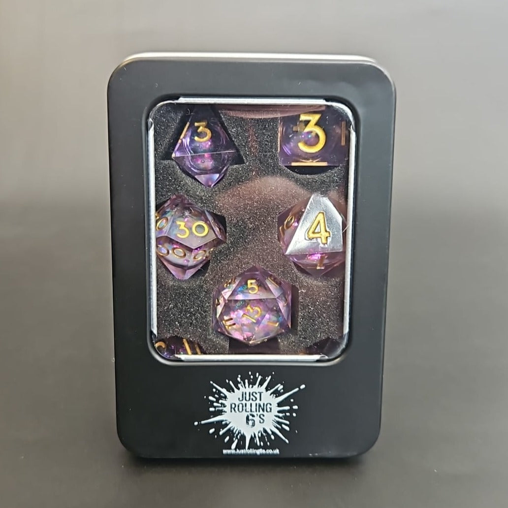 Pink Glitter 7 Piece Liquid Core Dice Set with Gold Numbering, in Metal Box